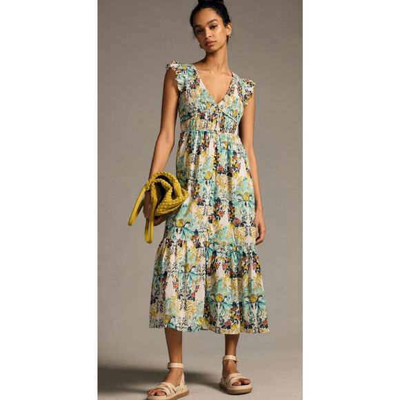 Anthropologie Dresses & Skirts - Anthropologie Small The Peregrine Blue &Chartreuse Floral Smocked MIDI Dress EUC